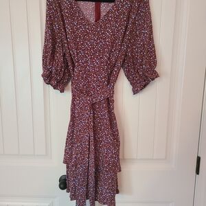 Burgundy Dress With Light Blue Floral Design